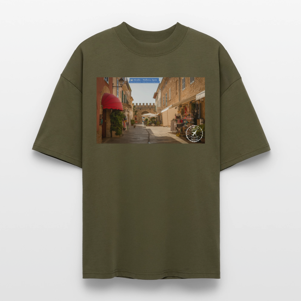 THÈA RA – "Mallorca Moment" Oversized Unisex Organic T-shirt Blaster - khaki